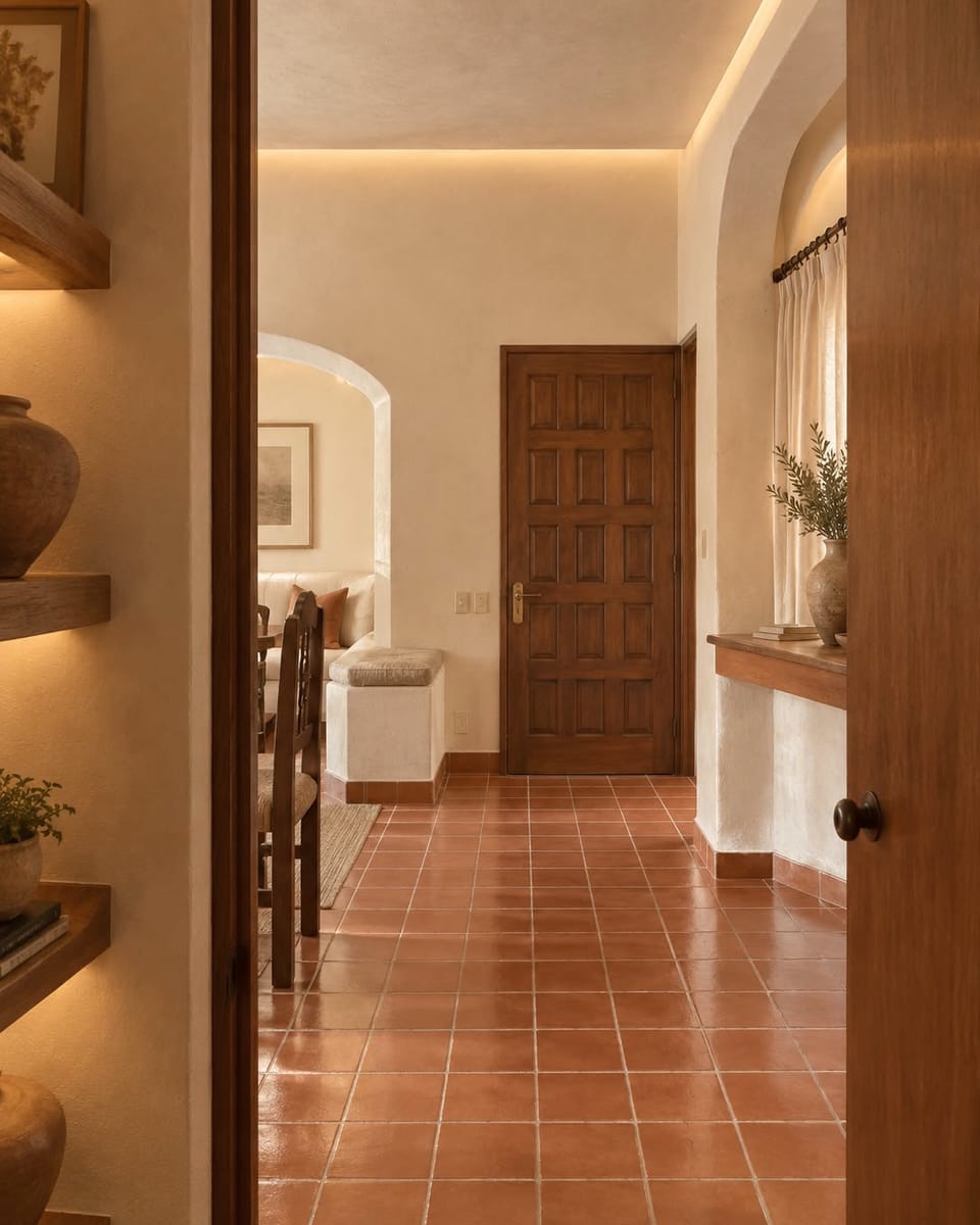 Render ilustrativo de un pasillo con muros de cal color crema, un arco al fondo, puerta de madera tallada, repisas con vasijas de barro y piso de barro rojo.
